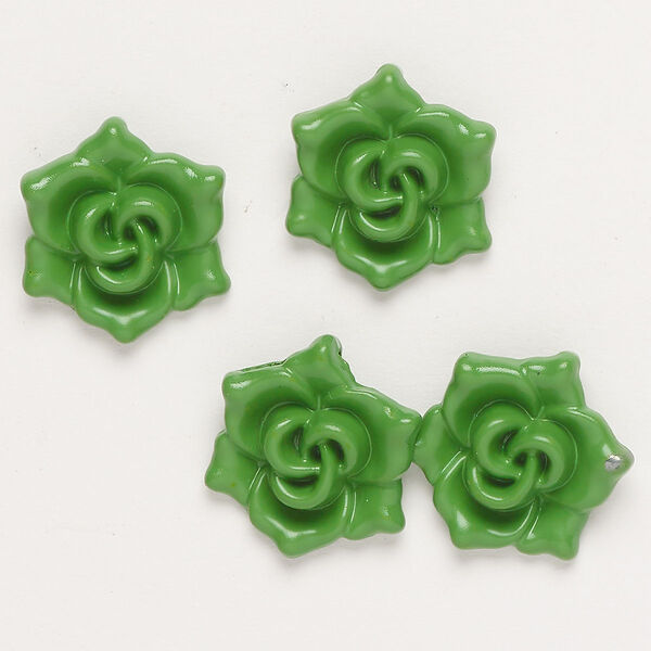 Charm, "pewter" (zinc-based alloy) and enamel, green, 18x16mm flower with hidden loop. Sold per pkg of 4. image number 0