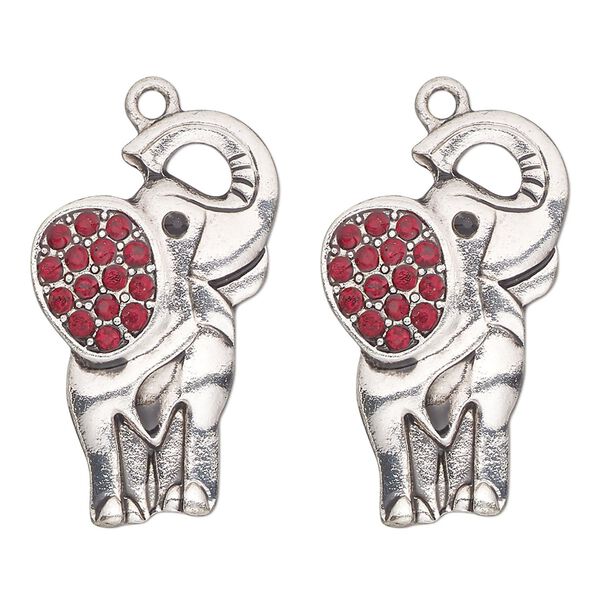 Focal, antique silver-finished "pewter" (zinc-based alloy) and glass, red and black, 30x19mm single-sided elephant. Sold per pkg of 2. image number 0