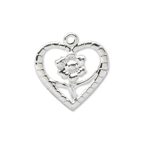 Charm, silver-plated brass, 23x21mm heart with flower. Sold per pkg of 10. image number 0