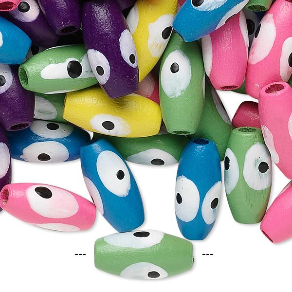 Bead mix, wood, mixed colors, 15x7mm oval with painted wards off the evil eye design. Sold per 400-gram pkg, approximately 2,100 beads. image number 0