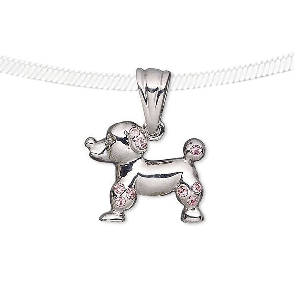 Pendant, Preciosa Czech glass rhinestone and silver-plated pewter (tin-based alloy), pink, 18x15mm poodle. Sold individually. image number 0