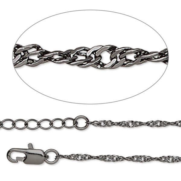 Chain, gunmetal-plated brass, 2mm Singapore, 24 inches with 1 to 3 inches extender chain lobster claw clasp. Sold individually. image number 0