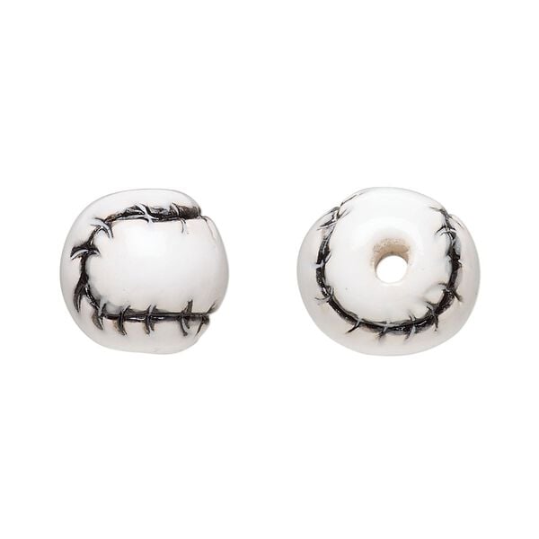 Bead, glazed ceramic, white and black, 13mm hand-painted baseball. Sold per pkg of 2. image number 0