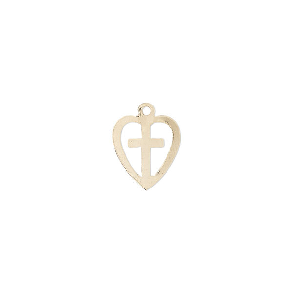Drop, 14Kt gold-filled, 11x10mm heart with cutout cross. Sold individually. image number 0
