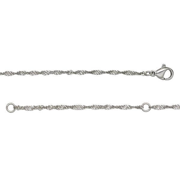 Chain, stainless steel, 2mm Singapore, wearable at 18 and 20 inches with lobster claw clasp. Sold individually. image number 0