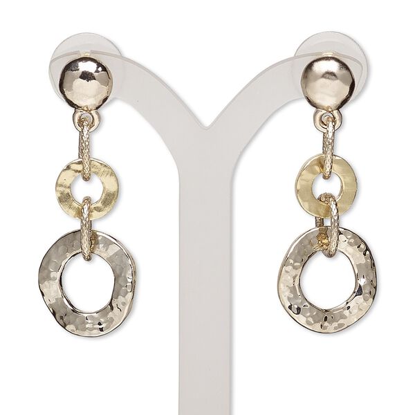 Earring, plastic with gold-finished steel and "pewter" (zinc-based alloy), 43mm with matte and shiny round with post. Sold per pair. image number 0