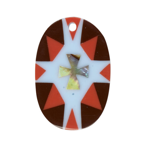 Focal, paua shell and resin, multicolored, 30x20mm single-sided flat oval with cross design. Sold individually. image number 0