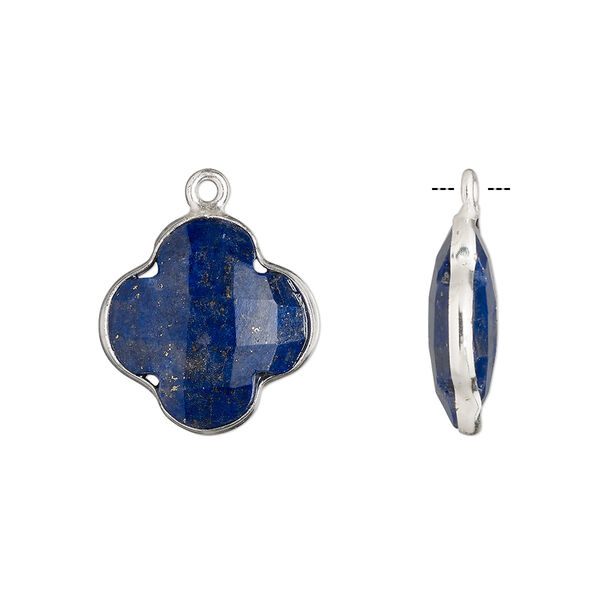 Drop, lapis lazuli (natural) and sterling silver, 16-17mm hand-cut double-sided faceted clover. Sold individually. image number 0