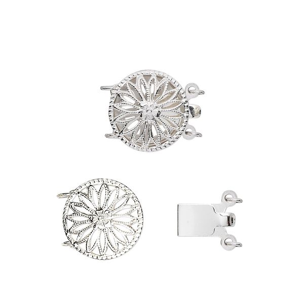Clasp, 2-strand tab, sterling silver, 12mm filigree round. Sold individually. image number 0
