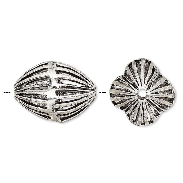 Bead, antiqued silver-finished brass, 20x16mm open fluted oval. Sold per pkg of 2. image number 0