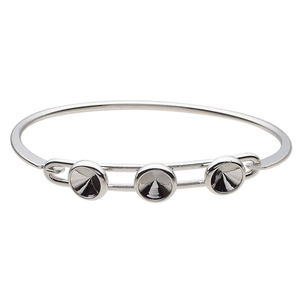 Bracelet, Almost Instant Jewelry®, bangle, imitation rhodium-finished brass, 11mm wide with (3) SS39 rivoli glue-in settings and latch bar, 8 inches. Sold individually. image number 0