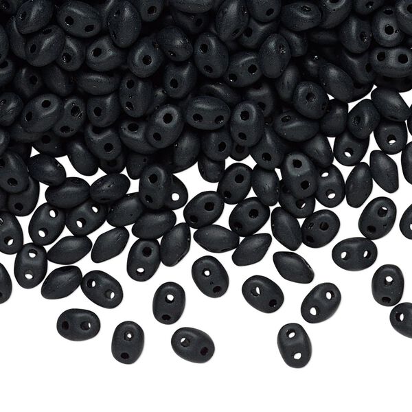 Bead, Preciosa Twin™, Pressed Twin, Czech pressed glass, matte black, 5x2.5mm oval with 2 holes. Sold per 10-gram pkg. image number 0