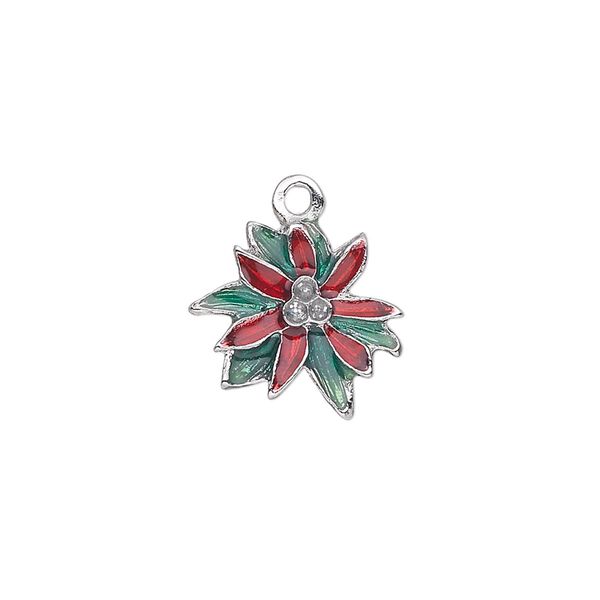 Charm, silver-plated "pewter" (zinc-based alloy) and enamel, green and red, 16x15mm single-sided poinsettia with glitter center. Sold individually. image number 0