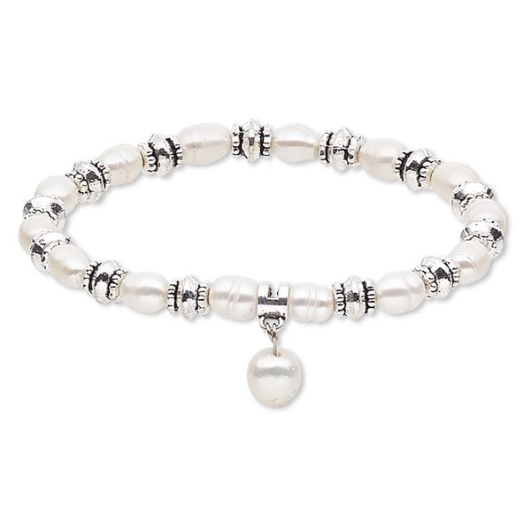 Bracelet, stretch, cultured freshwater pearl (bleached) with antique silver-plated steel and "pewter" (zinc-based alloy), white, 6mm wide with 10mm rice, 7 inches. Sold individually. image number 0