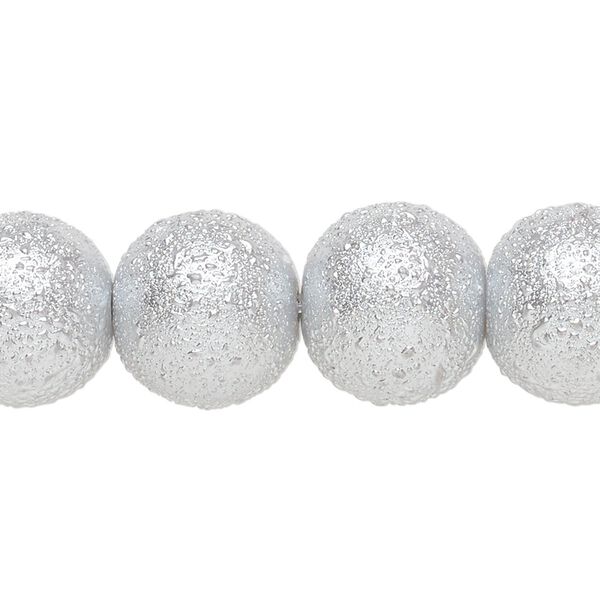Bead, glass, opaque silver, 14mm textured round. Sold per 15-1/2" to 16" strand. image number 0