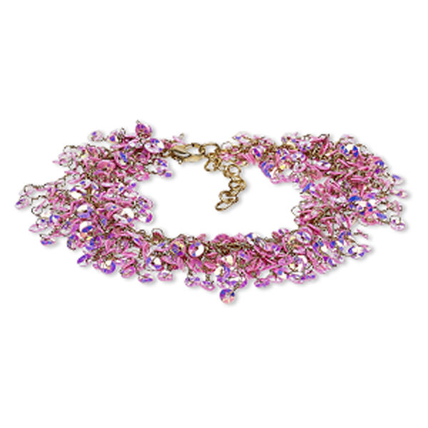 Bracelet, acrylic sequin with gold-finished brass and steel, pink AB, 20mm wide with 4mm round, 7-1/2 inches with 1-1/2 inch extender chain and lobster claw clasp. Sold individually. image number 0