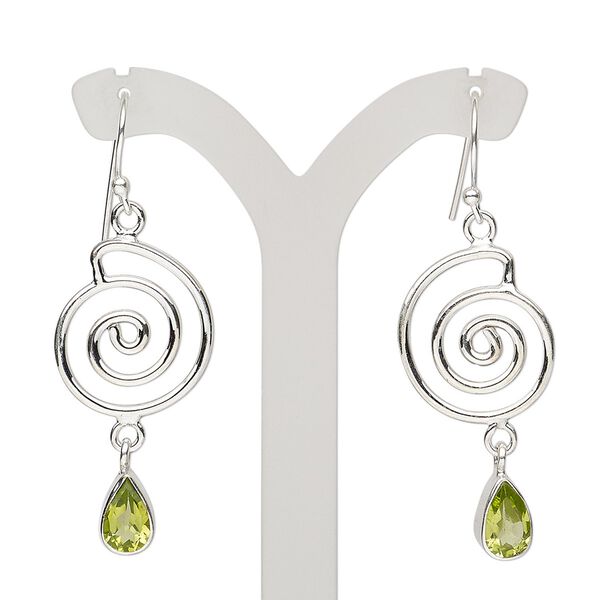 Earring, peridot (natural) and sterling silver, 49mm with spiral and fishhook ear wire, 21 gauge. Sold per pair. image number 0