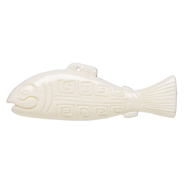 Bone 1pkg1, hand-cut top-drilled single-sided 3D carved salmon focal 58x22mm image number 0