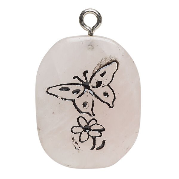 Focal 1pkg1 rose quartz / enamel / steel, 26x20-38x31mm single-sided freeform oval / butterfly / flower C grade, natural / silver finish image number 0
