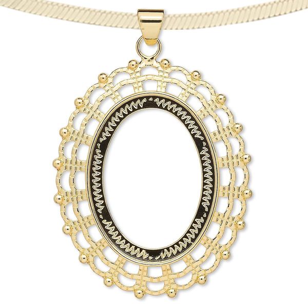 Pendant, gold-plated brass, 58x49mm fancy oval with 40x30mm oval setting. Sold per pkg of 2. image number 0
