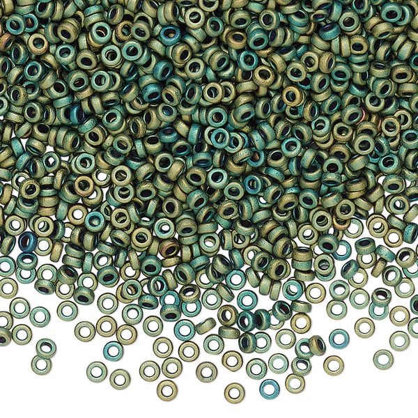 Seed bead, Miyuki, glass, pkg/250g, 2.2x1mm spacer rondelle, opaque matte metallic iris green patina, (SPR2.2-2008). image number 0