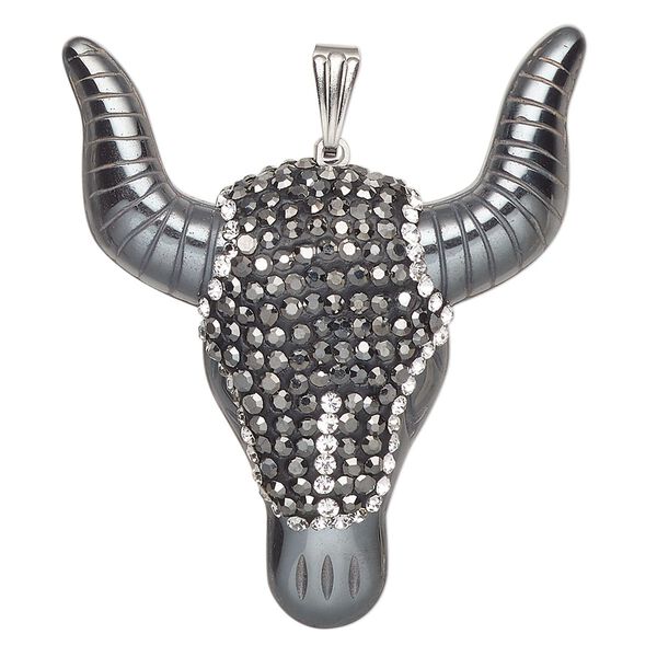 Hemalyke™ / brass / glass rhinestone 1pkg1, silver-finished 1-sided steer pendant 46x40mm image number 0