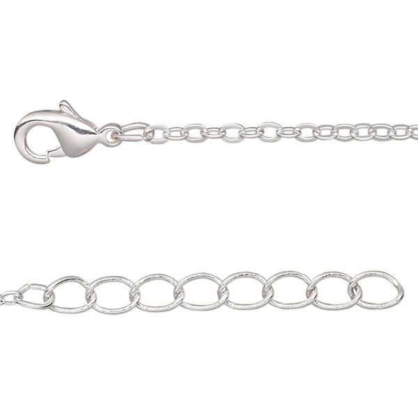 Chain, silver-plated brass, 2mm cable, 24 inches with 1-inch extender chain and lobster claw clasp. Sold per pkg of 2. image number 0