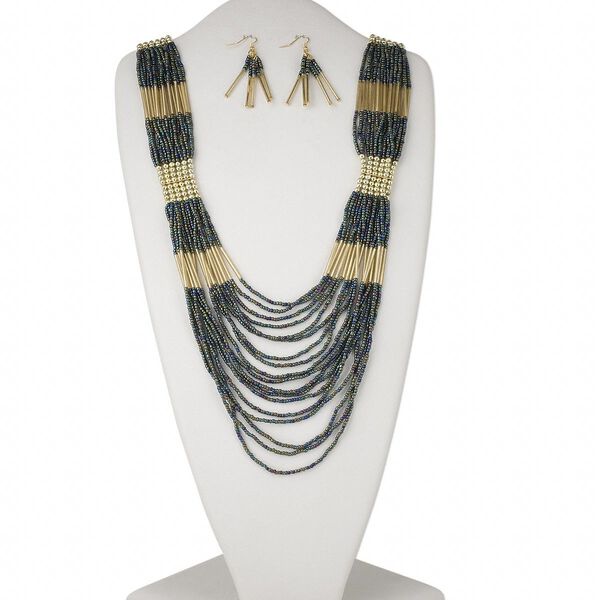Necklace and earring set, glass / gold-coated plastic / gold-finished steel, rainbow, 27-inch necklace with lobster claw clasp, 2-1/2 inch earrings with fishhook ear wire. Sold per set. image number 0