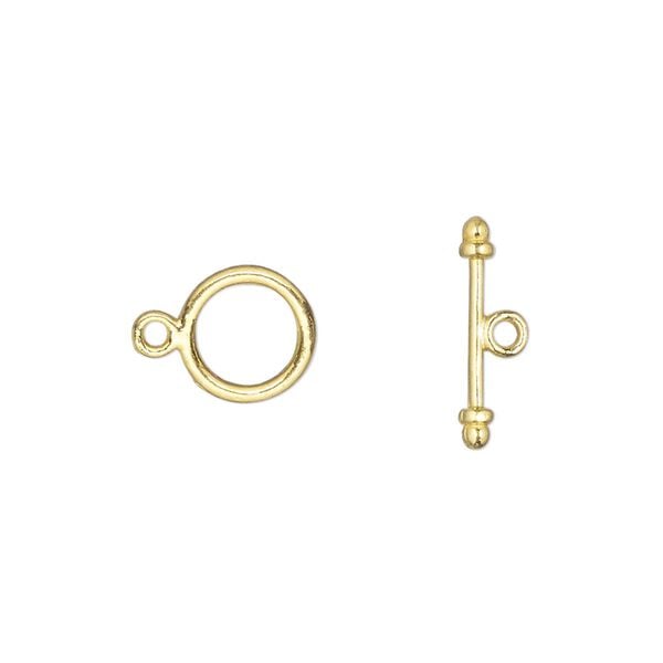Clasp, toggle, gold-finished "pewter" (zinc-based alloy), 9.5mm round with double ribbed design. Sold per pkg of 20. image number 0