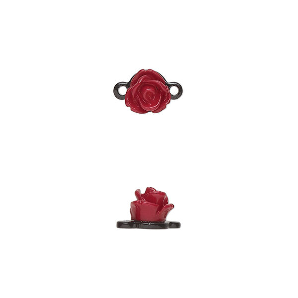 Link, black-finished "pewter" (zinc-based alloy) and resin, red, 6.5mm rose. Sold per pkg of 4. image number 0