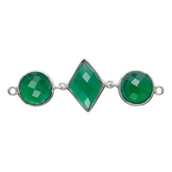 Link, green onyx (dyed) and sterling silver, 40x16mm single-sided with 16x11mm faceted diamond and 11mm faceted round. Sold individually. image number 0