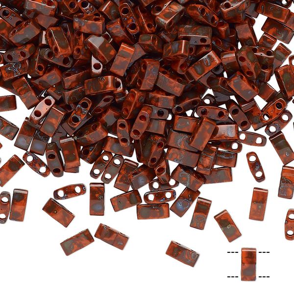 Seed bead, TILA®, glass, pkg/40g, 5x2.3mm half tila rectangle, opaque Picasso red, (HTL-4520). image number 0