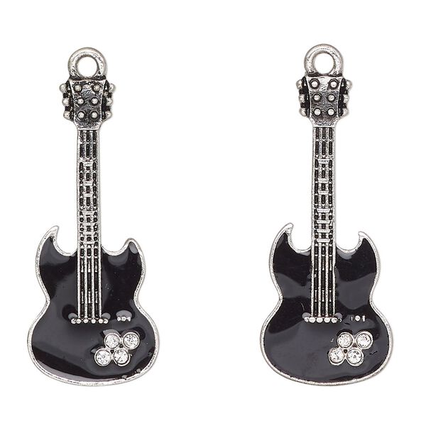 Focal, antique silver-finished enamel "pewter" (zinc-based alloy) and glass, clear and black, 32x14mm guitar. Sold per pkg of 2. image number 0