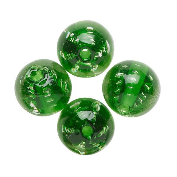 Bead, lampworked glass, translucent green, 14mm round. Sold per pkg of 4. image number 0