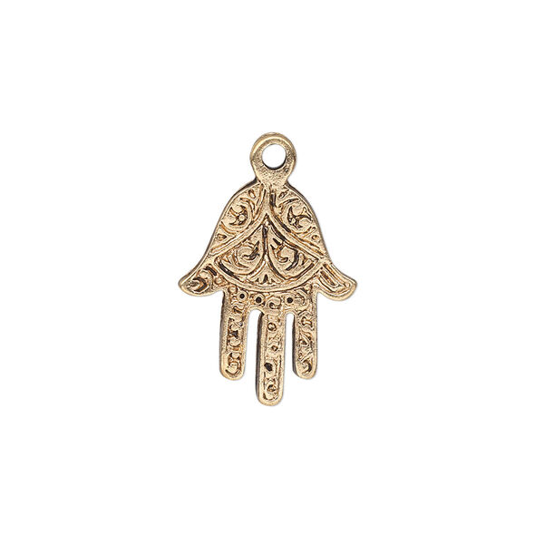 Drop, antique gold-finished "pewter" (zinc-based alloy), 18x14mm single-sided Fatima hand. Sold per pkg of 10. image number 0
