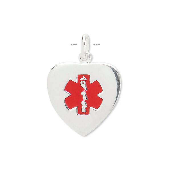 Drop, medical alert ID, sterling silver and enamel, red, 18x18mm heart. Sold individually. image number 0