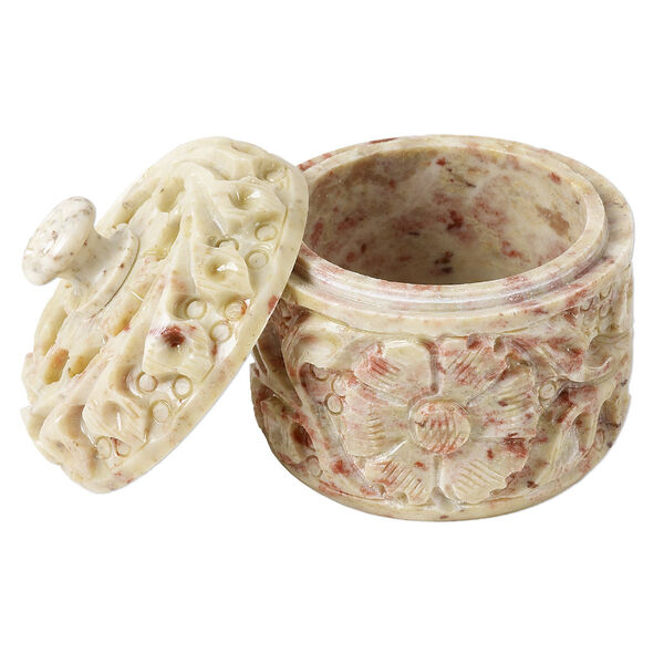 Soapstone 1pkg1, hand-carved trinket box / floral design lacquered 2.5x2.25 inch image number 0
