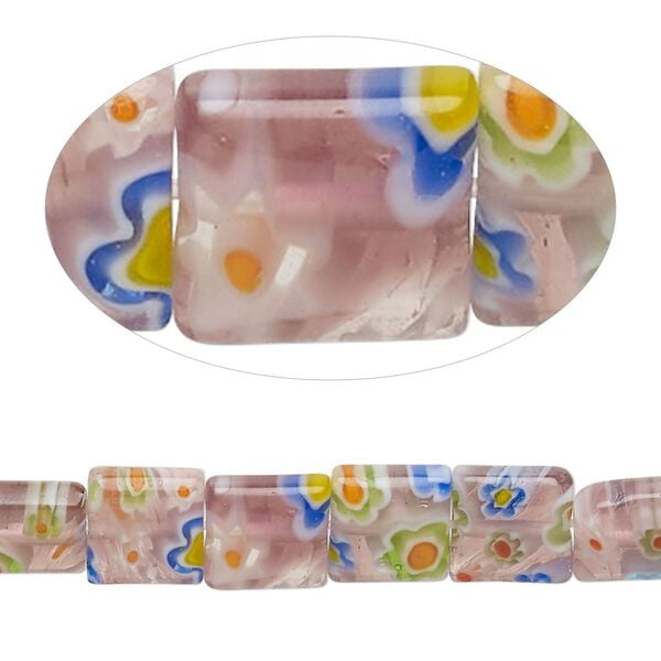 Bead, millefiori glass, translucent light pink / purple / multicolored, 8mm puffed square with flower design. Sold per 14-inch strand. image number 0
