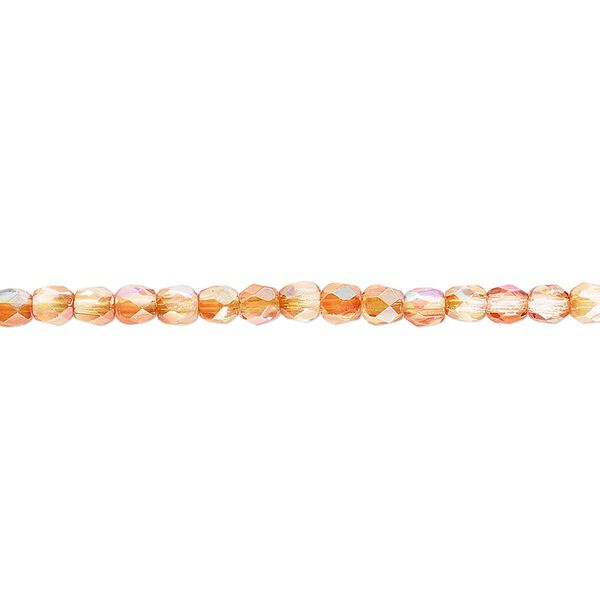 Bead, Czech fire-polished glass, two-tone clear AB and apricot medium, 3mm faceted round. Sold per 15-1/2" to 16" strand. image number 0