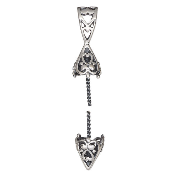 Bail, antiqued sterling silver, 19x8mm cap with heart and flower design and 9.5x8mm bottom with 8.5mm post, fits bead with 1.5-2mm hole. Sold per 2-piece set. image number 0