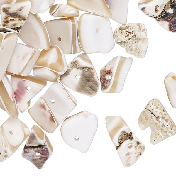 Bead mix, brown lip shell (natural/bleached), small to extra-large chip, Mohs hardness 3-1/2. Sold per 8-ounce pkg. image number 0