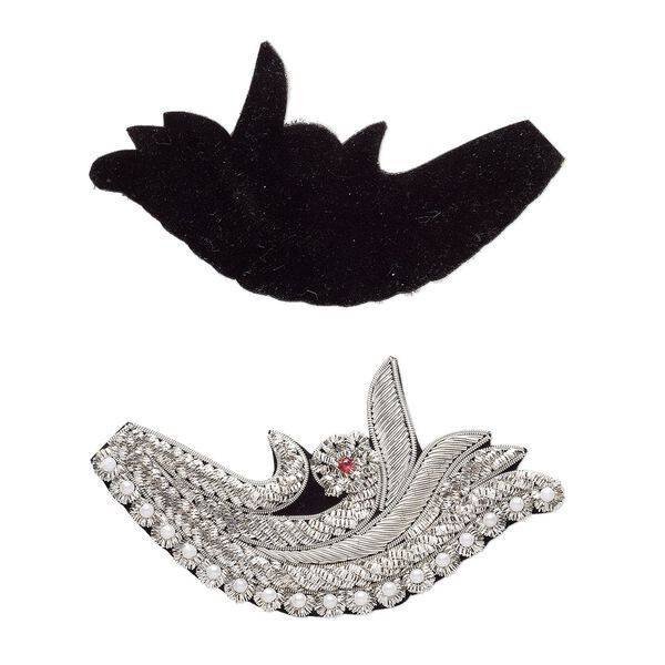 Sew-on component, velveteen / acrylic pearl / glass seed bead / silver-finished copper French wire, black / white / pink, 4-1/4 x 2-1/4 inch fancy. Sold individually. image number 0