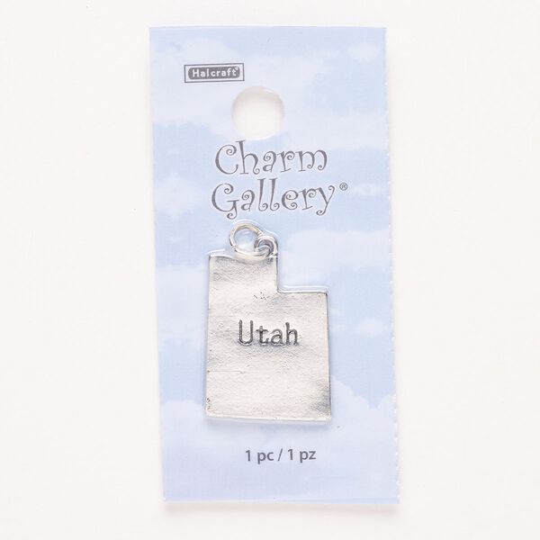 Charm, steel and enamel, pkg/1, silver finish and black, 24x19mm with "Utah." image number 0