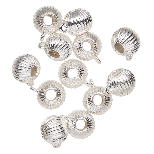 Bead, silver-finished "pewter" (zinc-based alloy), 12x11mm corrugated round with closed loop. Sold per pkg of 12. image number 0