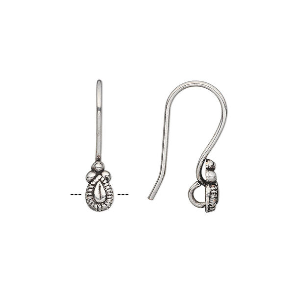 Ear wire, antique silver-plated copper, 22mm fishhook with 8x4mm teardrop and open loop, 18 gauge. Sold per pkg of 10 pairs. image number 0