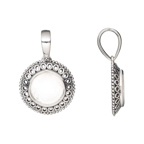 Pendant, antiqued sterling silver, 17mm round with fancy rim and 10mm round bezel setting. Sold individually. image number 0