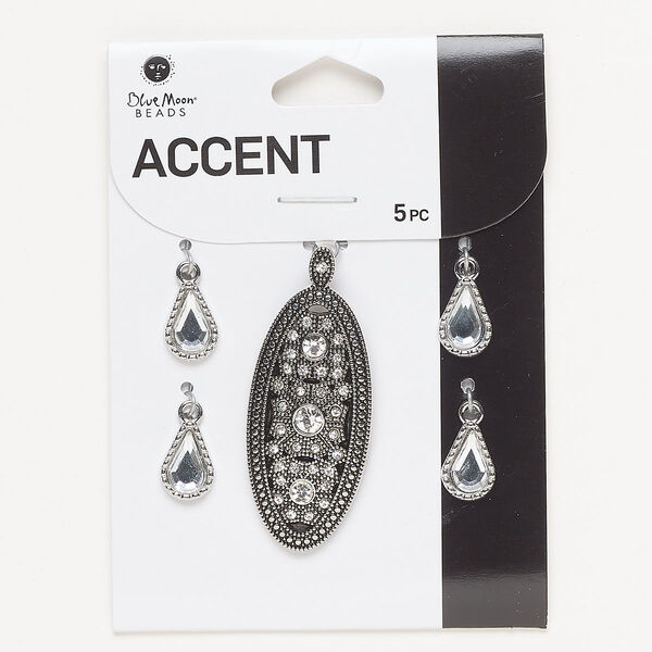 Pendant and drop assortment, silver- and antique silver-finished "pewter" (zinc-based alloy) and acrylic, blue shade and clear, 49x20mm fancy oval and 16x9mm beaded teardrop. Sold per pkg of 5. image number 0