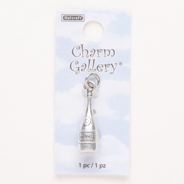 Charm, steel and enamel, pkg/1, silver finish and black, 27x18mm wine bottle. image number 0
