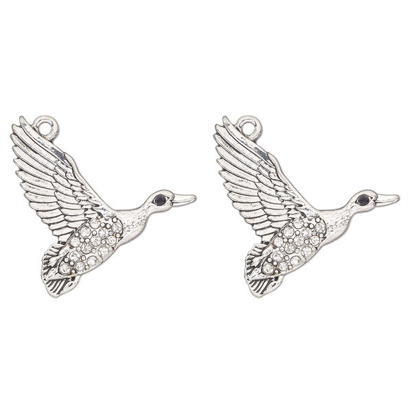 Charm, antique silver-finished "pewter" (zinc-based alloy) and glass, clear and black, 28x24mm single-sided duck. Sold per pkg of 2. image number 0