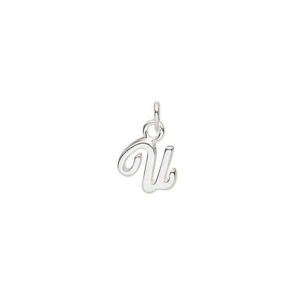 Charm, sterling silver, 9x8mm Champagne cursive alphabet letter "U." Sold individually. image number 0